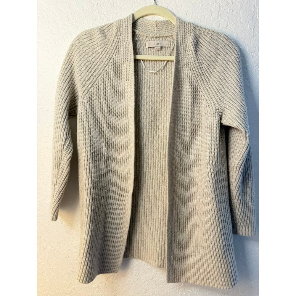 LOFT Petites Oatmeal Beige Ribbed Open Front Cardigan Sweater Size SP